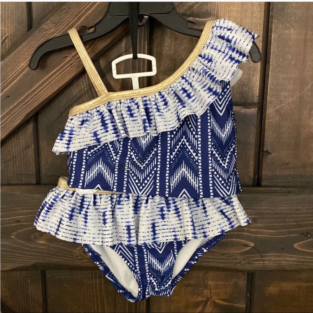 Body Glove Girls One-Shoulder Ruffle Swimsuit Blue White Tribal Print Size 5